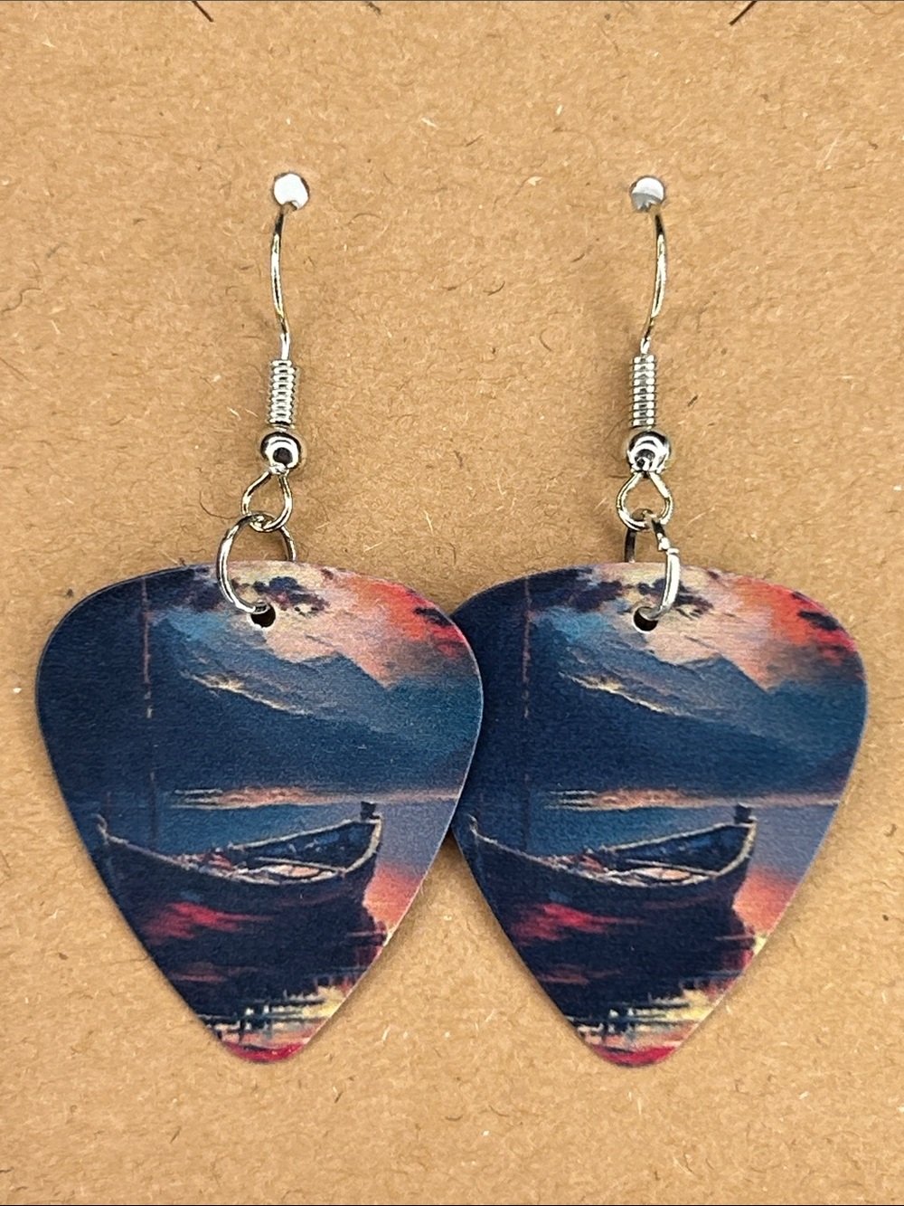 Boat Scene Guitar Pick Dangle Earrings in Navy and Coral